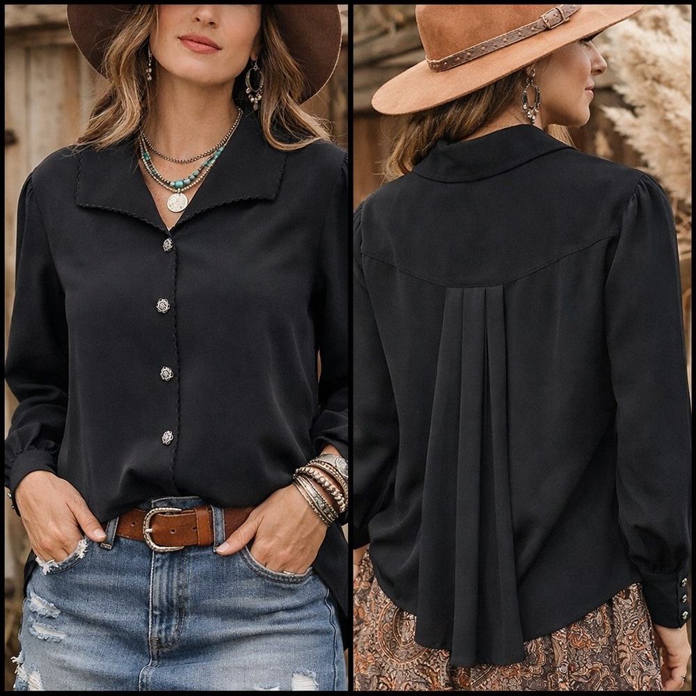 Western Black Long Sleeve Blouse